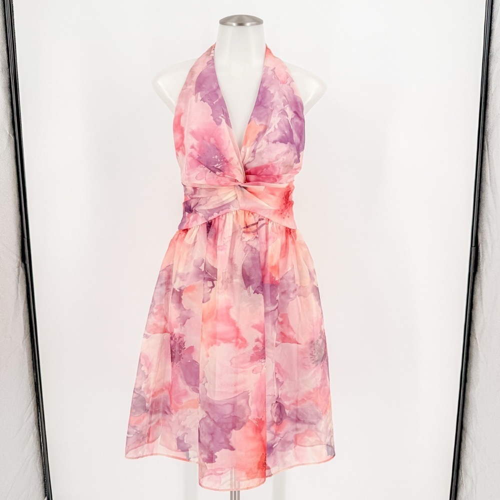 David Meister Floral Organza Halter Dress